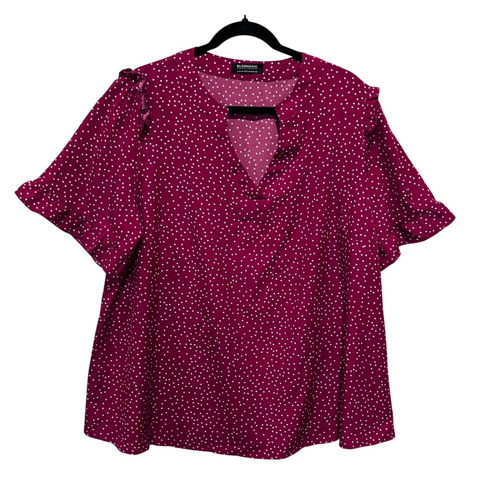 Bloomchic Plus Size Top 18-20 Red & White Polka Dot Ruffle Sleeve V Neck Blouse